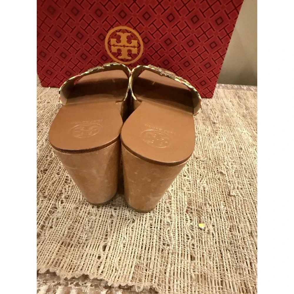 Tory Burch Ines Woven Multicolor Raffia Wedge Platform‎ Slide Sandals Sz-8